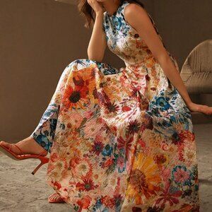 Multicolor Boho Women's Round Neck Floral Waist Fitted A-Line Dress